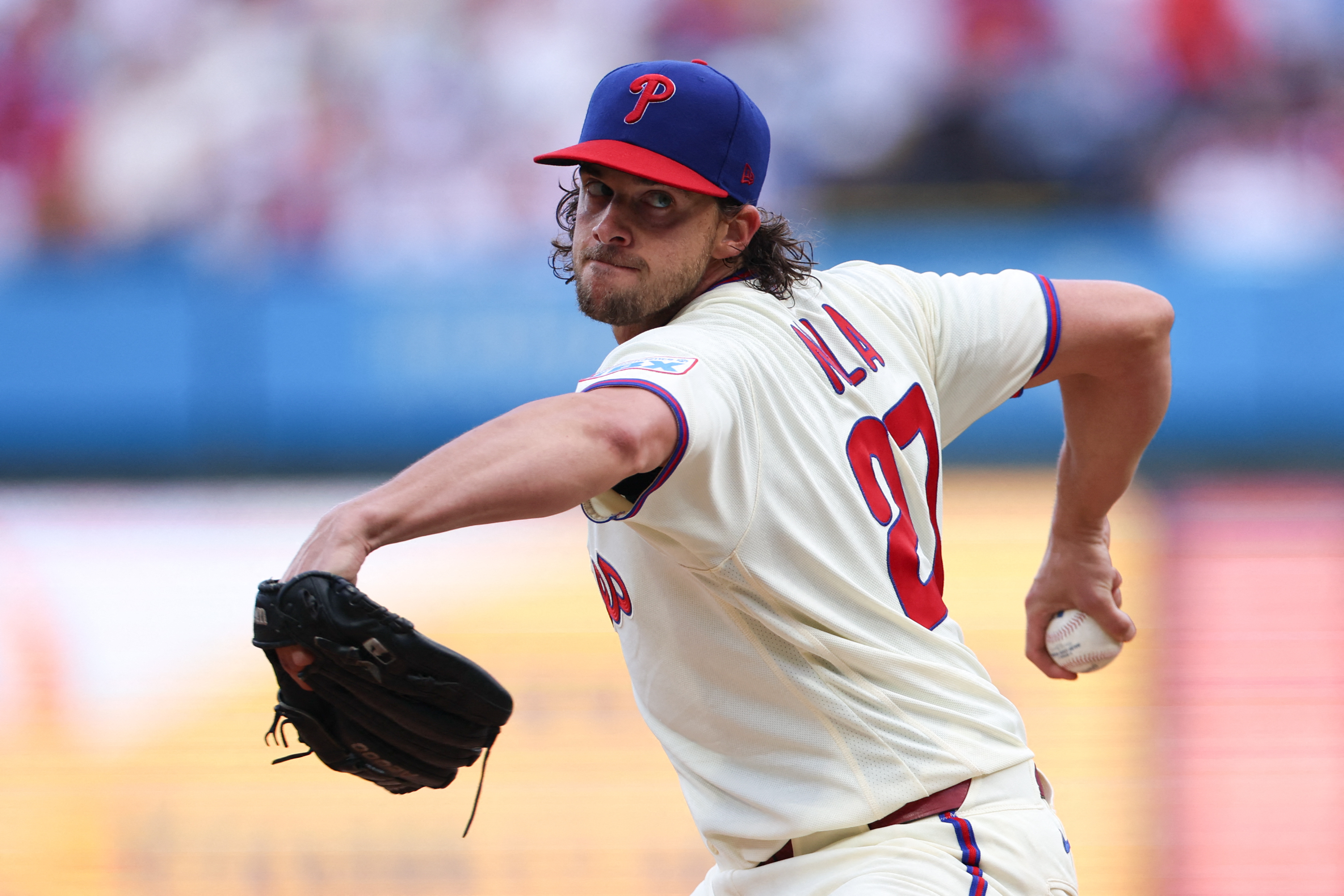 Sep 6, 2026; Philadelphia, Pennsylvania, USA; Philadelphia Phillies pitcher Aaron Nola (27) throws a pitch against the Atlanta Braves during the first inning at Citizens Bank Park. Mandatory Credit: Bill Streicher-Imagn Images
