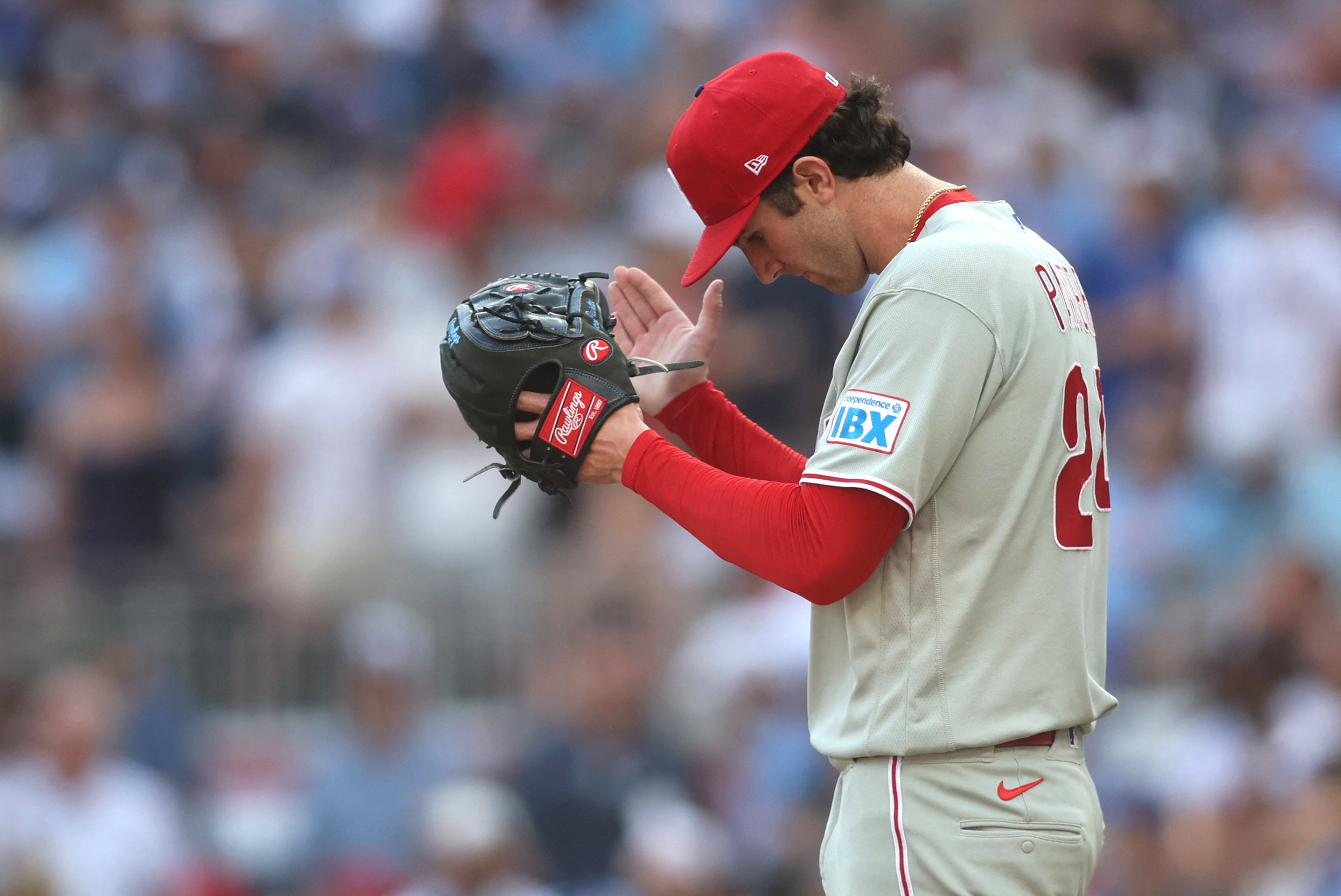 Philadelphia Phillies pitcher Andrew Painter celebrates after a win against the Atlanta Braves after game two of the Wildcard round for the 2026 MLB Playoffs at Truist Park.