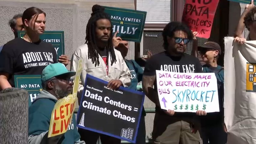 Protesters gather for a “No Data Centers” rally outside Philadelphia’s City Hall on Monday, Sept. 14, 2026.