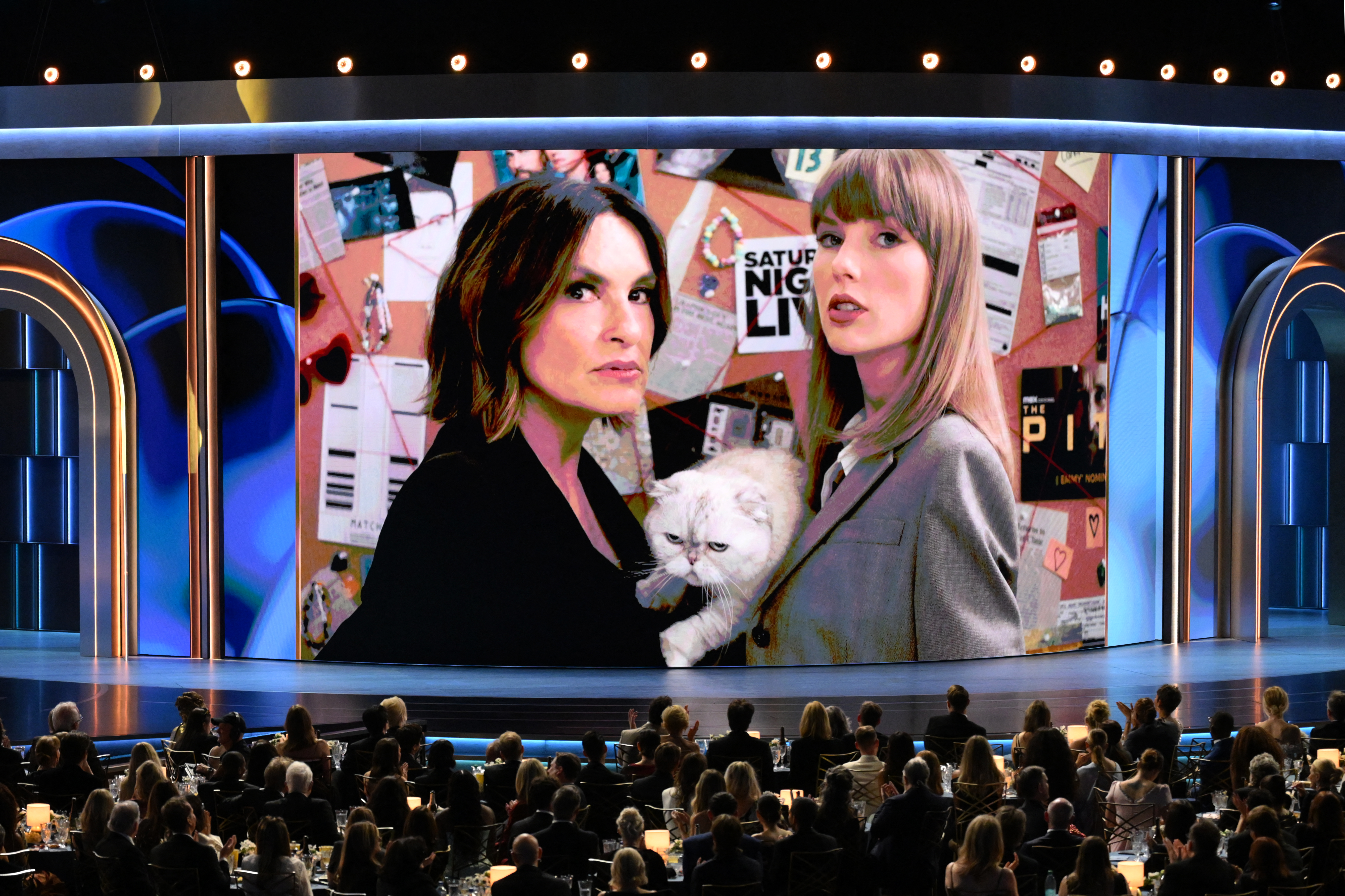 Mariska Hargitay, Taylor Swift and her cat Olivia Benson appear on screen during the 78th Primetime Emmy Awards at the Peacock Theatre at LA Live in Los Angeles on Sept. 14, 2026.