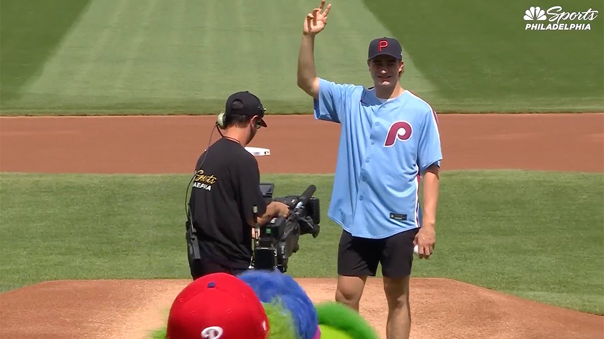Martone throws first pitch at Phillies game, joins the crew in the booth