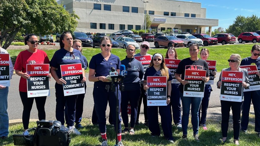 Nurses from throughout the Jefferson Health System gathered outside Jefferson Bucks Hospital, in Langhorne on Tuesday to announce an effort to unionize.
