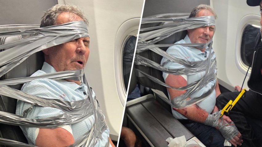 Images shared by American Airlines passengers who helped restrain a man accused of yelling racist remarks mid-flight.