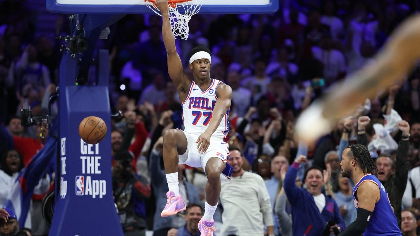 May 8, 2026; Philadelphia, Pennsylvania, USA; Philadelphia 76ers guard Vj Edgecombe (77) dunks the ball against the New York Knicks during the first quarter of game three of the second round of the 2026 NBA Playoffs at Xfinity Mobile Arena. Mandatory Credit: Bill Streicher-Imagn Images