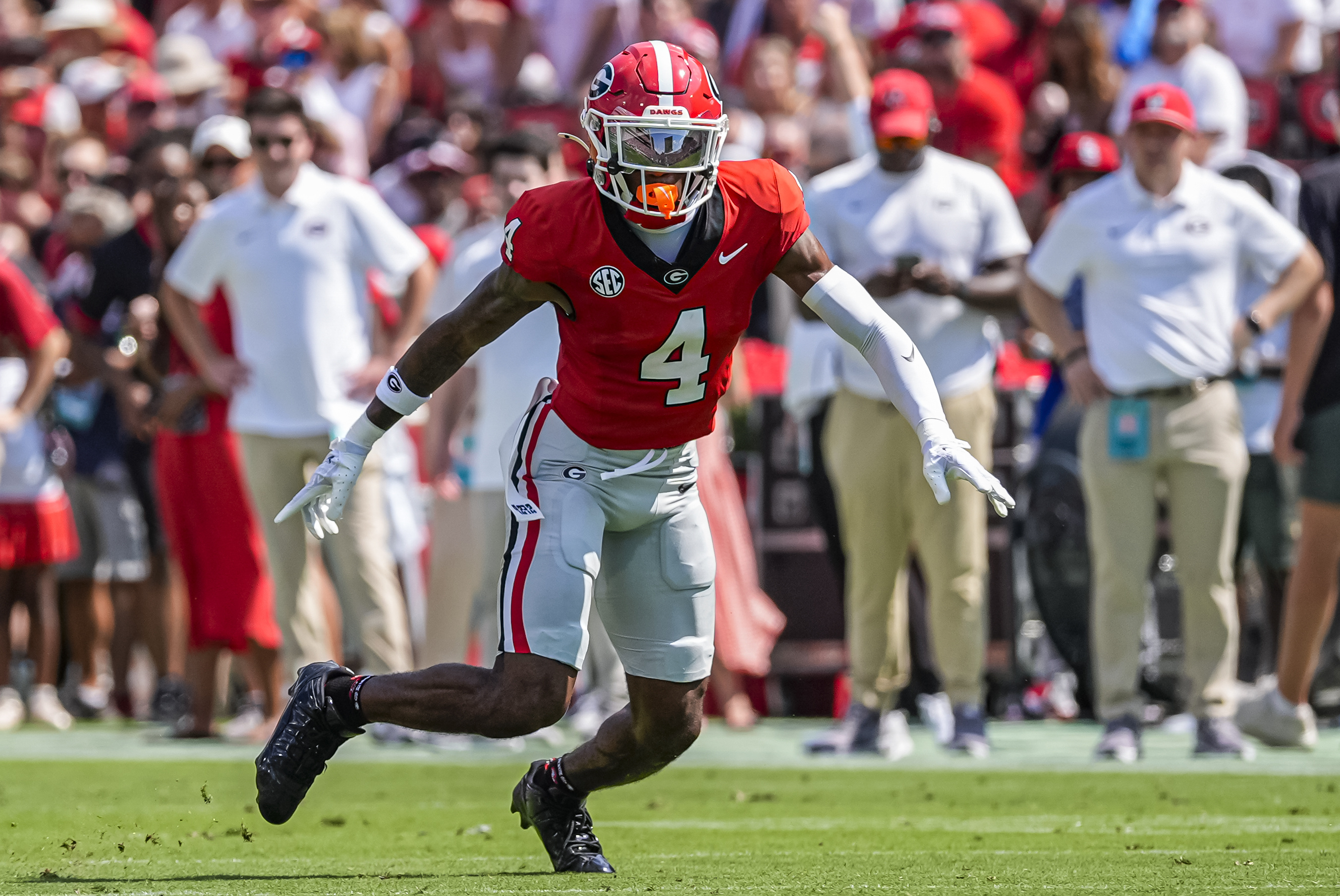 Sep 5, 2026; Athens, Georgia, USA; Georgia Bulldogs defensive back KJ Bolden (4) in action against the Tennessee State Tigers at Sanford Stadium. Mandatory Credit: Dale Zanine-Imagn Images