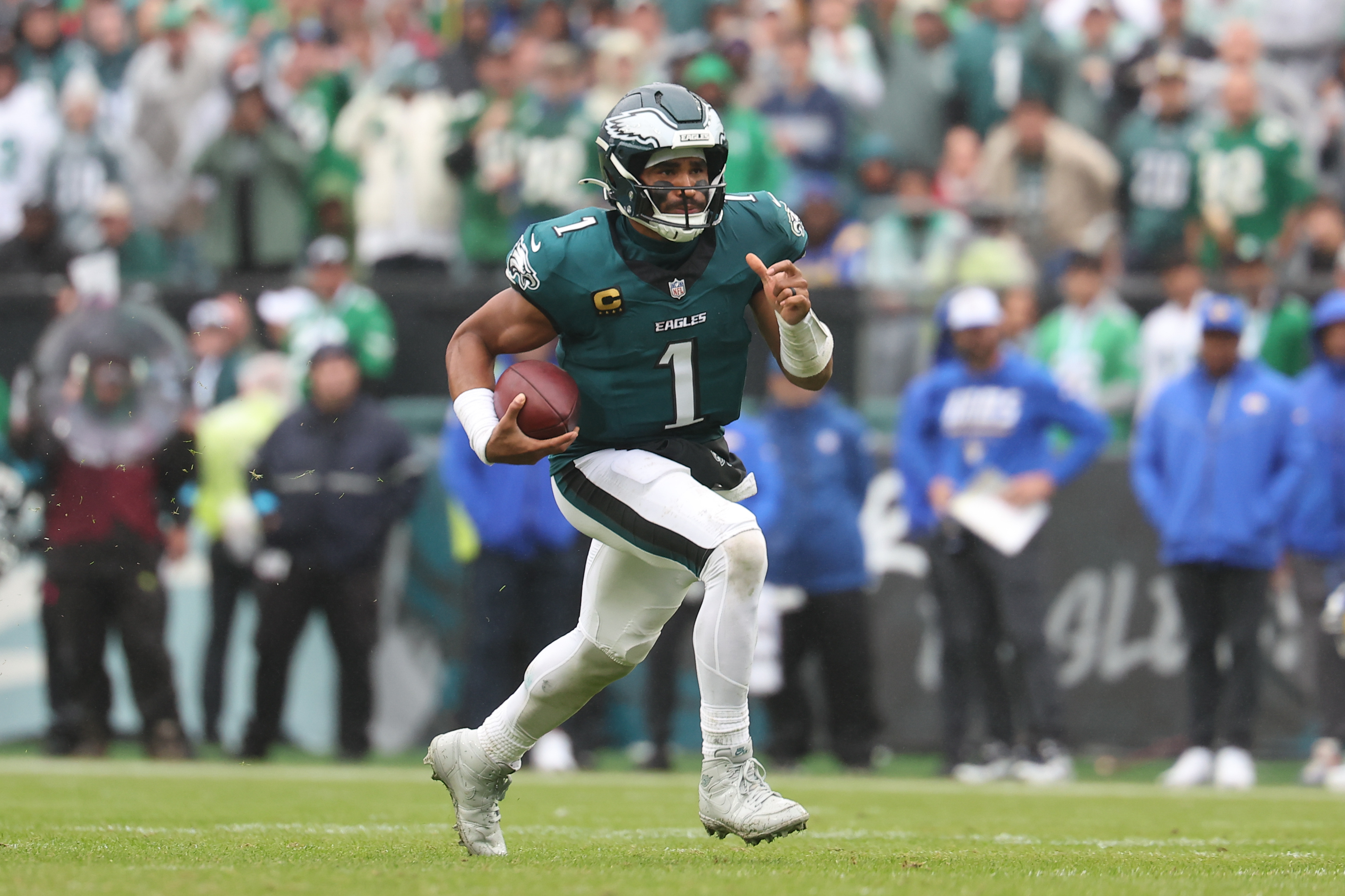 Oct 4, 2026; Philadelphia, Pennsylvania, USA; Philadelphia Eagles quarterback Jalen Hurts (1) in action against the Los Angeles Rams at Lincoln Financial Field. Mandatory Credit: Bill Streicher-Imagn Images