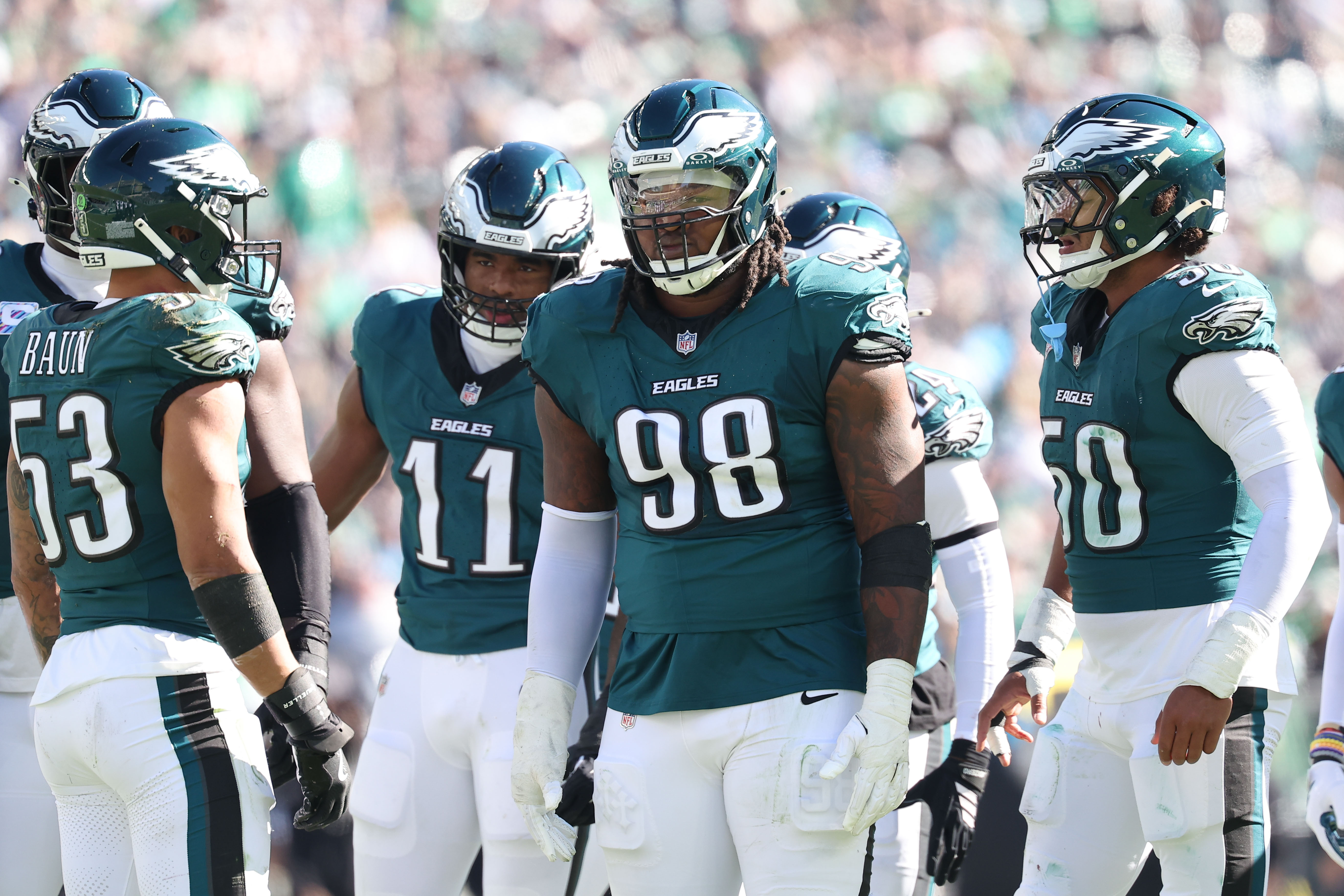 Oct 18, 2026; Philadelphia, Pennsylvania, USA; Philadelphia Eagles defensive tackle Jalen Carter (98) huddles with the defense before a play against the Carolina Panthers at Lincoln Financial Field. Mandatory Credit: Bill Streicher-Imagn Images