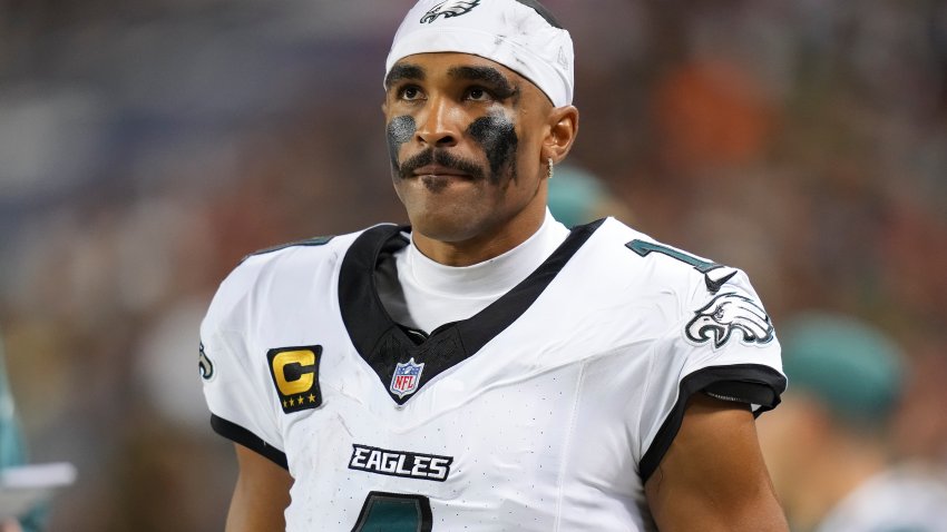 CHICAGO, ILLINOIS – SEPTEMBER 28: Jalen Hurts #1 of the Philadelphia Eagles looks on during the third quarter of the NFL game against the Chicago Bears at Soldier Field on September 28, 2026 in Chicago, Illinois. (Photo by Todd Rosenberg/Getty Images)