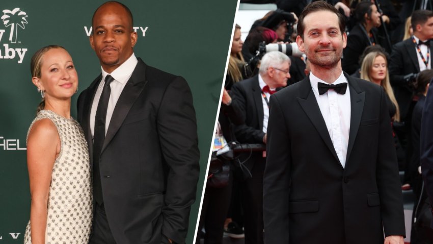 Jennifer Meyer and Geoffrey Ogunlesi (L) and Tobey Maguire (R).